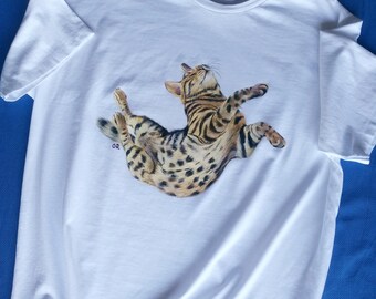 Personalized Hand-Painted Cat T-Shirt: Custom Cotton Tee for Women