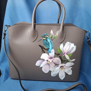 Personalized hand painted tote bag Perfect gift for women Handmade leather bag Custom made bird shoulder bag Customized floral handbag purse