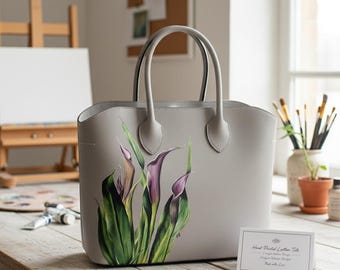 Personalized Leather Tote Bag: Hand-Painted Calla Lilies