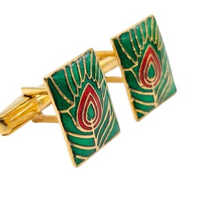 Vintage Luxury Red Green Enamel Cufflinks, Handmade Sterling Silver Cufflinks, Gold Plated Cufflinks For Men, Wedding Gift, Christmas Gift.
