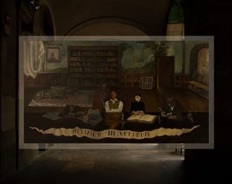 Whispers of the Forbidden | dark academia vintage library oil painting art print | elegant bookish poster