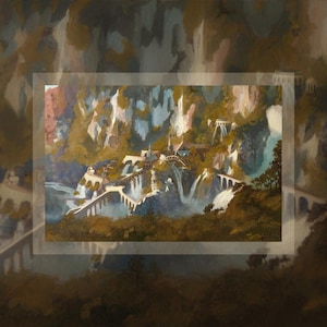 Elven city original oil painting print | Mystical Valley Landscape Inspired by Classic Epic Fantasy |  library poster
