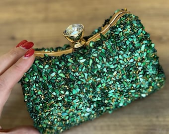 wedding bag Luxury Emerald Green Stone Embellished Gold Detailed Bag