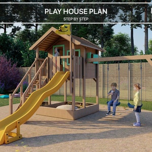 Playhouse Build Plans for Kids, Playhouse Plan with slide, sandbox and swing Do It Yourself with Digital downloads