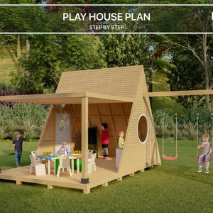 TRIANGLE PLAYHOUSE plan, playhouse plans with pergola and swings for kids, architectural wooden garden house plan DIY with digital downloads