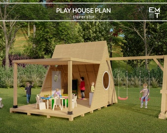 Plan TRIANGLE PLAYHOUSE, plany domków z pergolą i huśtawkami dla dzieci, architektoniczny drewniany plan domku ogrodowego DIY z cyfrowymi pobraniami