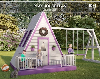 Plano TRIANGLE PLAYHOUSE, planos de casa de juegos para niños, plano arquitectónico de la casa del jardín con columpios de madera, bricolaje con descargas digitales