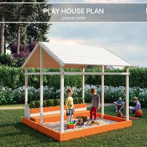Triangle playhouse plan. playhouse plans with sandbox for kids, architectural wooden garden house Plan, DIY with digital downloads.
