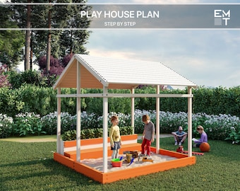 Triangle playhouse plan. playhouse plans with sandbox for kids, architectural wooden garden house Plan, DIY with digital downloads.