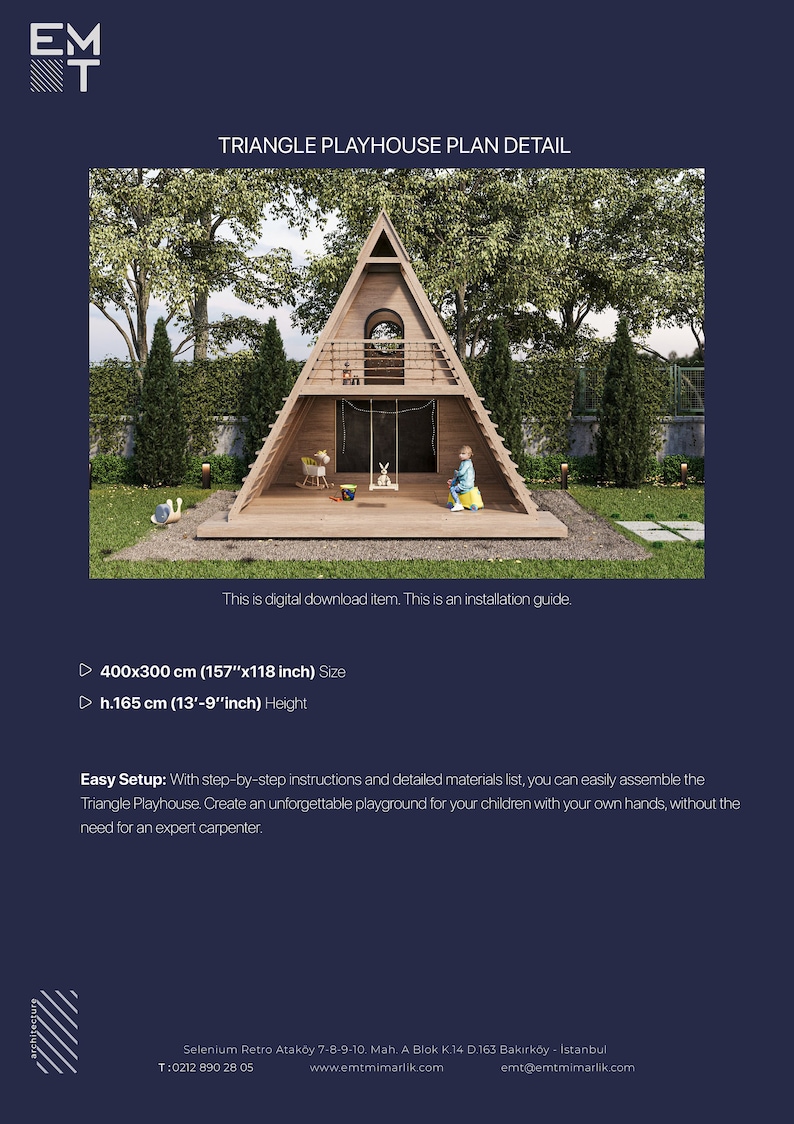 Puede incluir: Un plan de descarga digital para construir una casa de juegos triangular de madera. El plan incluye instrucciones paso a paso y una lista de materiales. La casa de juegos mide 157 pulgadas de ancho por 118 pulgadas de largo y 13 pies 9 pulgadas de alto.