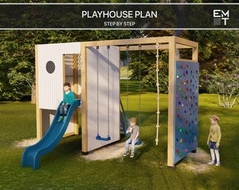 Playhouse Build Plans for Kids, Playhouse Plans with slide, and swing Do It Yourself with Digital downloads