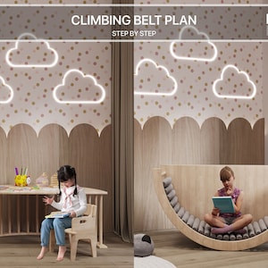 Puede incluir: Un plan de cinturón de escalada de madera con una guía paso a paso. El plan incluye una mesa y una silla de madera curvadas, y un asiento de madera curvado con respaldo acolchado. La habitación tiene un papel tapiz de lunares rosa y dorado con luces en forma de nube blanca.