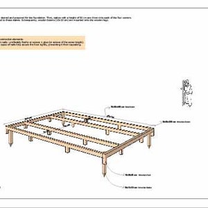 Puede incluir: Un diagrama detallado de un marco de plataforma de madera con medidas en pulgadas. El marco est&aacute; hecho de madera de 2x4 y est&aacute; soportado por cuatro postes. El diagrama muestra los detalles de construcci&oacute;n del marco, incluida la colocaci&oacute;n de los postes y las vigas.