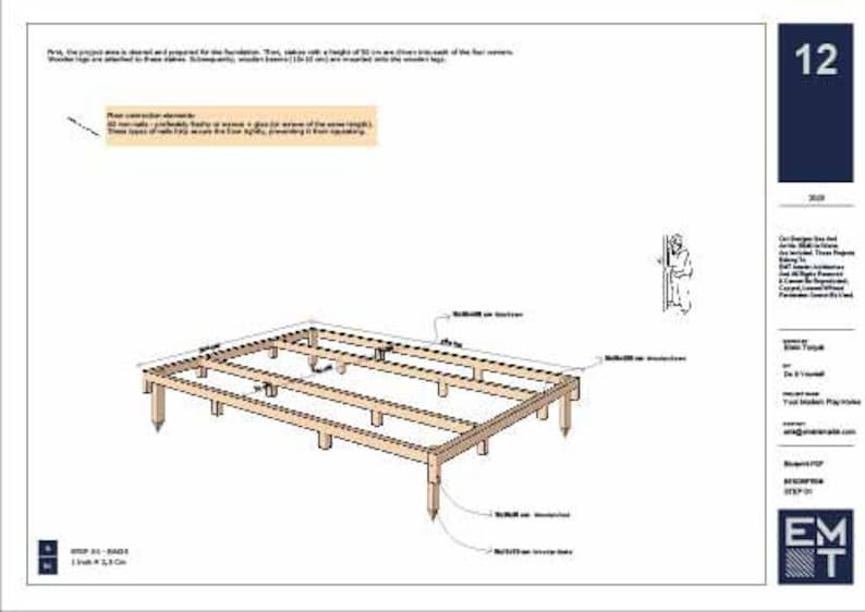 Puede incluir: Un diagrama detallado de un marco de plataforma de madera con medidas en pulgadas. El marco est&aacute; hecho de madera de 2x4 y est&aacute; soportado por cuatro postes. El diagrama muestra los detalles de construcci&oacute;n del marco, incluida la colocaci&oacute;n de los postes y las vigas.