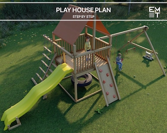 Playhouse Build Plans for Kids, Playhouse Plan with slide, climbing and swing Do It Yourself with Digital downloads