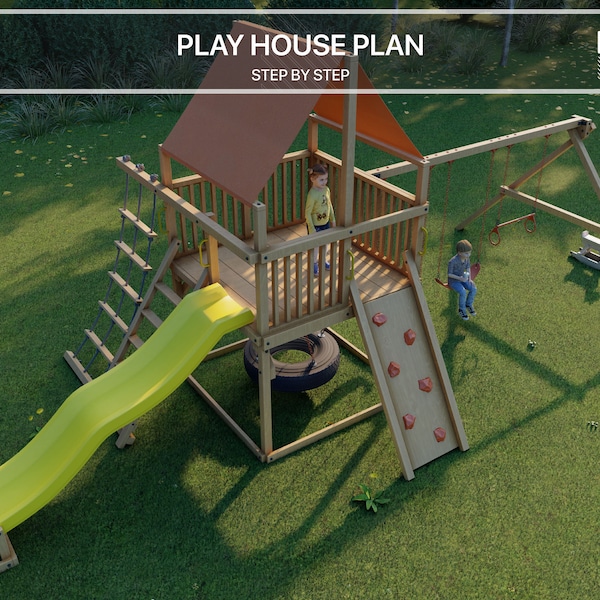 Playhouse Build Plans for Kids, Playhouse Plan with slide, climbing and swing Do It Yourself with Digital downloads