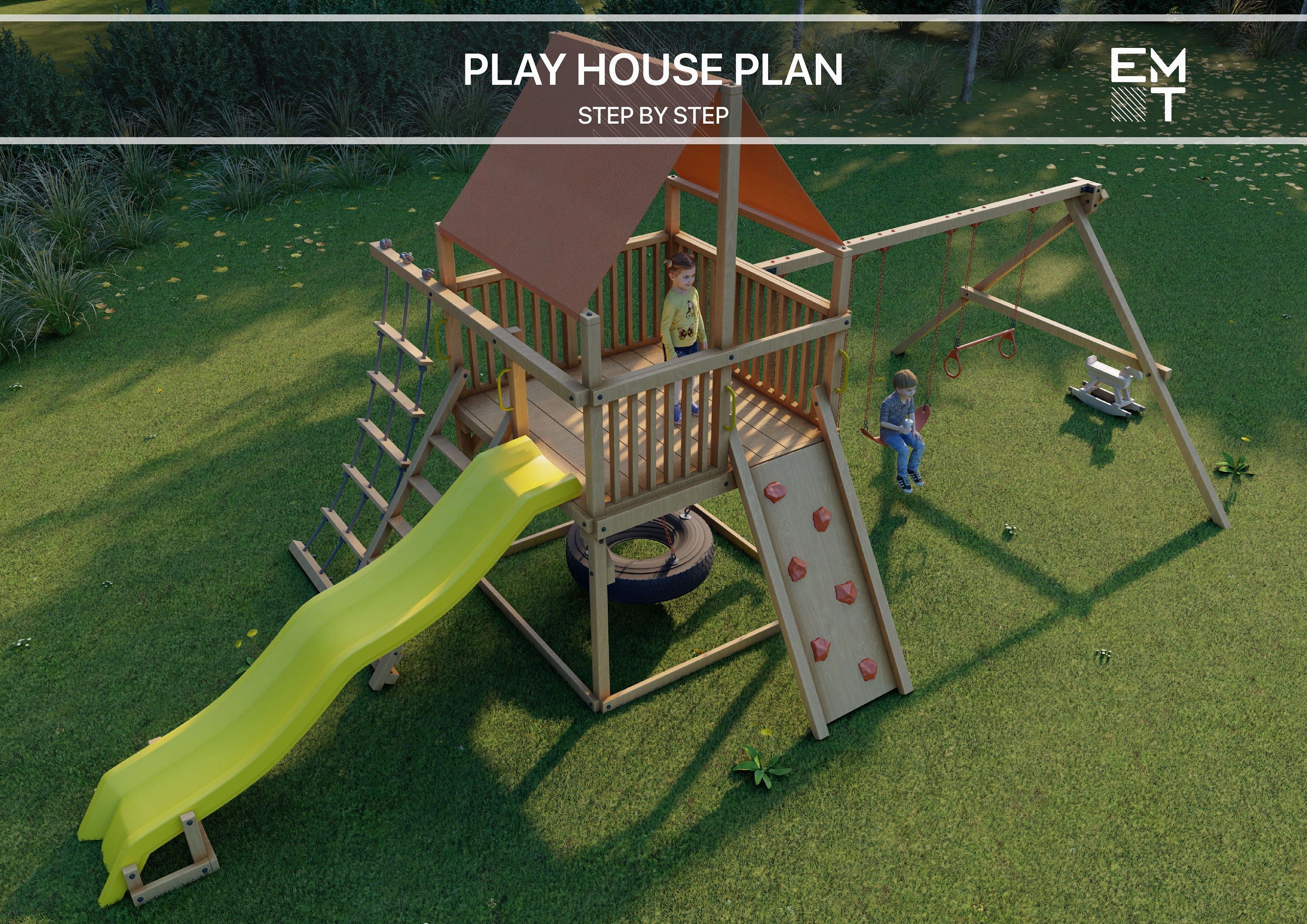 Playhouse Build Plans for Kids, Playhouse Plan With Slide, Climbing and Swing Do It Yourself