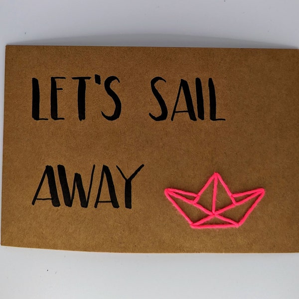 Postkarte Sail Away neon orange pink gelb Bäckergarn gestickt Kraftpapier