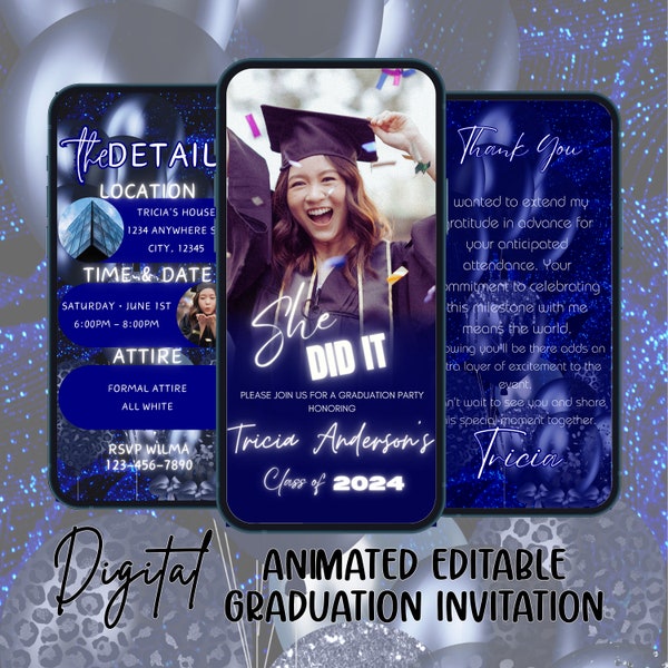 Grad Party Digital Invite, Animated Navy Blue Color Graduation Evite, Graduation Invitation, Digital Grad Party Invite, Editable