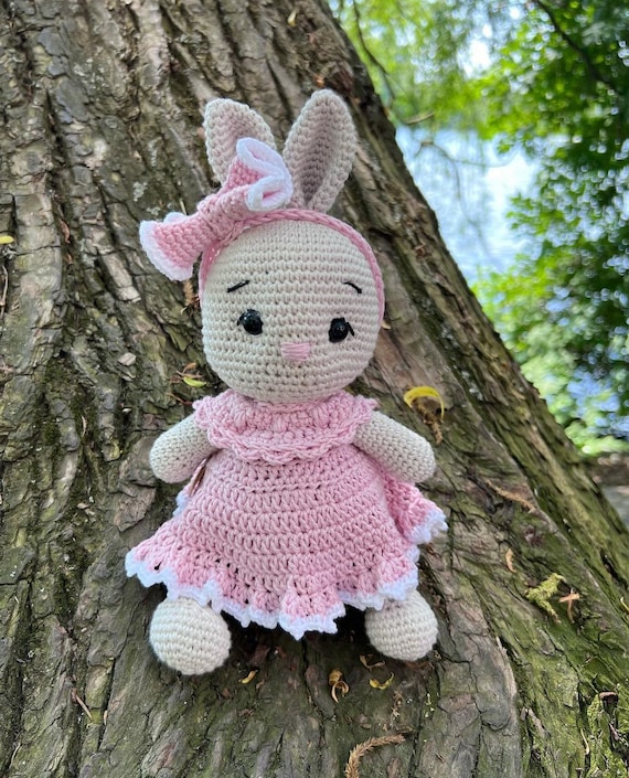 pretty bunny in dress crochet pattern baby bunny in a dress  pattern by me, unreleased  #crochet #amigurimi  #crochetplush #handmadeplush #crochetbunny