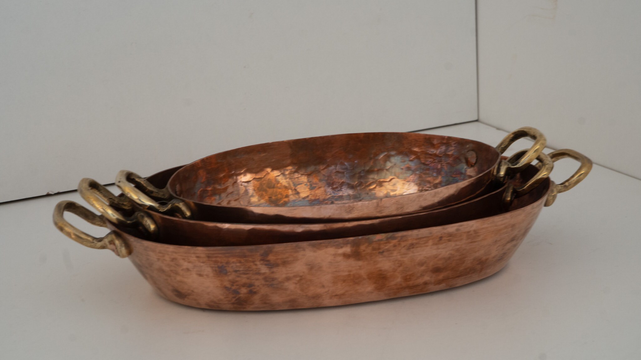 Oval Hammered Copper Gratin Pan With Acorn Handles, Baking Dish