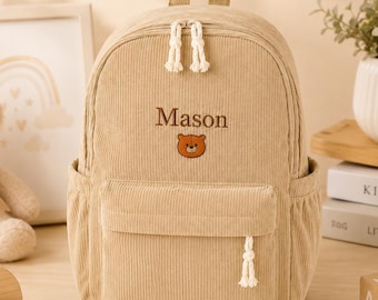 Personalized Toddler Backpack, Custom Embroidered Name School Bag, Corduroy Kids Backpack with Icon, Preschool Birthday Gift for Children
