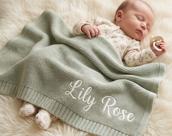 Personalisierte gestickte Babydecke, benutzerdefinierte Baby-Namensdecke, weiche Baumwollstrick-Babydecke, Baby-Willkommensdecke, benutzerdefinierte Strickdecke