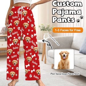 May include: Red pyjama pants with a white bone and heart pattern. The pants feature a repeated image of a golden retriever dog with the name "Bailey" printed on each dog.