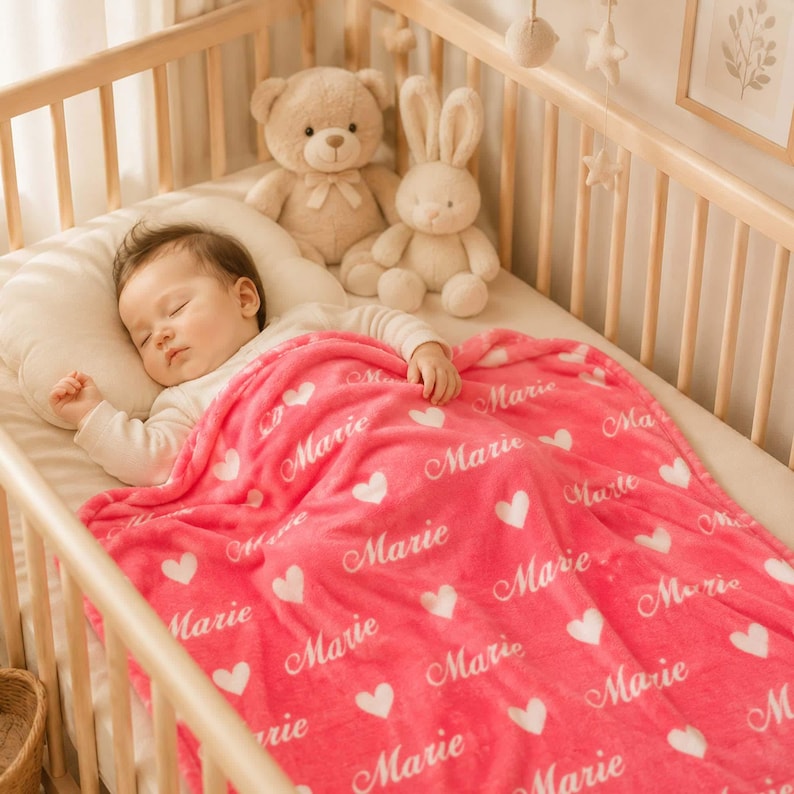 May include: A bright pink plush blanket featuring a repeating pattern of white hearts and the name Marie in a cursive script, covering a sleeping infant in a wooden crib alongside a tan teddy bear and a cream-colored plush rabbit toy.