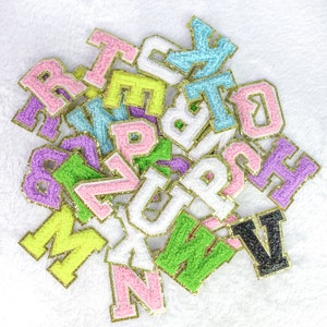 62 Piece Chenille Letter Patches Small Iron On Letters for Fabric Clothing,  A-Z Varsity Letters (1.3 x 1.4 In)