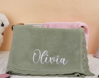 Embroidered Name Knit Blanket, Knitted Baby Name Blanket, Knit Newborn Blanket, Cottom Baby Blanket,Personalized Baby Girl, Nursery blanket