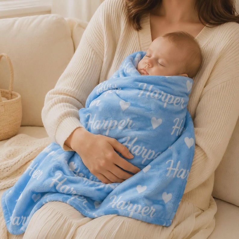 May include: A soft light blue baby blanket featuring a repeating pattern of white hearts and the name Harper printed in a white cursive script. The blanket is wrapped around a sleeping infant, showcasing the plush texture and the personalized design.