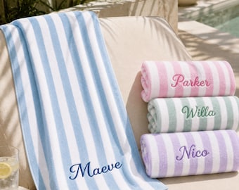 Embroidered Cabana Stripe Towels,55x28” Personalized Beach Towel,Custom Name Bath Towel,Family Vacation Beach Gift,Bachelorette Pool Towel