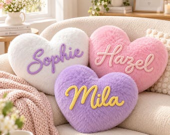 Almohada de corazón con nombre personalizado, almohada de peluche personalizada con nombre colorido, cojín suave y sedoso, regalo ideal para niñas, decoración de cumpleaños y pijamadas.