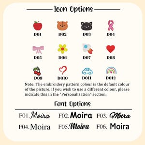 Pu&ograve; includere: Grafica con opzioni di icone per ricamo, tra cui una mela, un orso, un gatto e un nastro. Altre icone includono un fiocco, un fiore, un razzo, un cuore, ciliegie, un cuore, un'auto e un arcobaleno. Vengono visualizzate anche le opzioni di carattere.