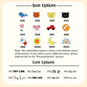 May include: A chart displaying twelve colorful icons labeled D01 through D12, including a whale, bear, dog, cat, flower, bow, car, ball, rocket, sun, moon, and rainbow. Below, eight font options labeled F01 through F08 show the name Taylor.
