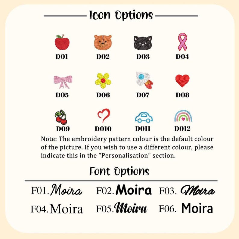 K&ouml;nnte beinhalten: Grafik mit Stickerei-Icon-Optionen, darunter ein Apfel, ein B&auml;r, eine Katze und ein Band. Weitere Symbole sind eine Schleife, eine Blume, eine Rakete, ein Herz, Kirschen, ein Herz, ein Auto und ein Regenbogen. Schriftoptionen werden ebenfalls angezeigt.