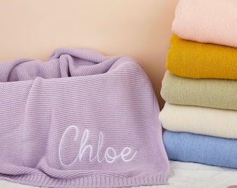 Copertina per neonati ricamata personalizzata, copertina per neonati con nome personalizzato, copertina in morbida maglia di cotone, regalo per neonati, ricordo per baby shower
