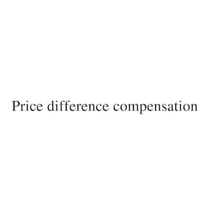 Puede incluir: Fondo blanco con el texto "Price difference compensation" en negro, fuente serif. El texto está centrado y ocupa la parte inferior de la imagen.