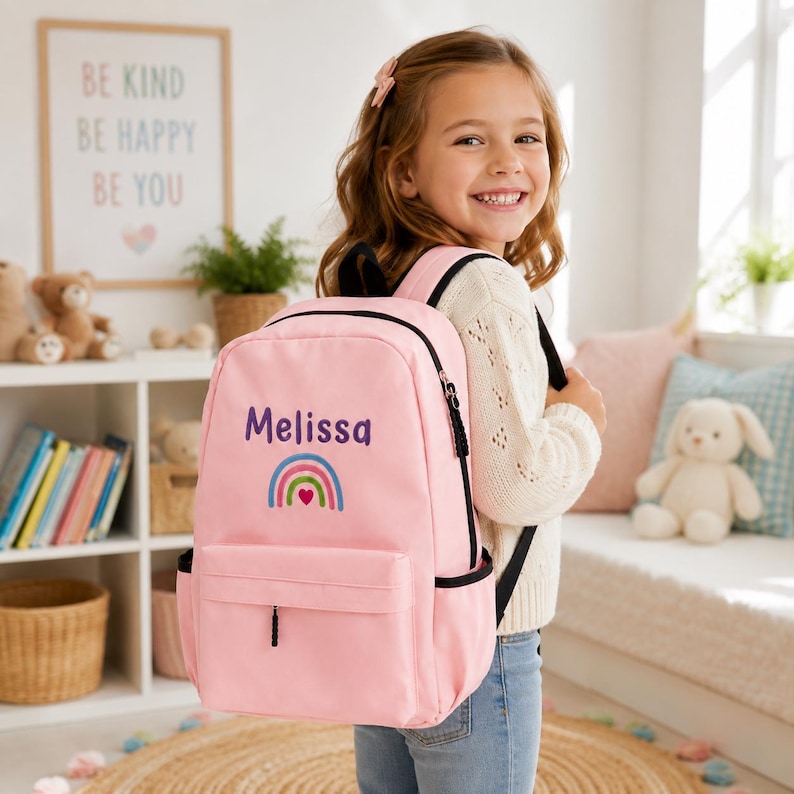 May include: A light pink backpack featuring the name Melissa embroidered in purple text above a colorful rainbow graphic with a small heart in the center. The bag includes a front zippered pocket, black trim, and adjustable black shoulder straps.