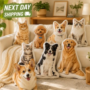 May include: A collection of custom-shaped throw pillows featuring realistic photographic prints of various dog and cat breeds, including a golden retriever, a corgi, a poodle, and a border collie, arranged on a light-colored sofa.