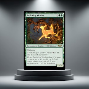 May include: A Magic: The Gathering trading card titled Enduring Vitality. The card features a glowing, golden elk illustration against a dark, twisted forest background. It is an enchantment creature with a power and toughness of 3/3.