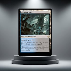 May include: A Magic: The Gathering card named "Watery Grave." The card shows a detailed illustration of a swampy landscape with a gothic structure. Text includes game mechanics and a quote by Ral Zarek.