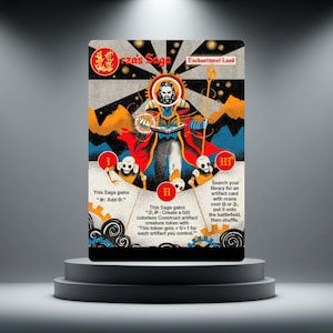 May include: A fantasy trading card with a wizard illustration, staff, and open book. The card has a vintage design with the text "Erza's Saga" and "Enchantment Land." It also includes instructions and a mana symbol, with measurements in cm.