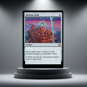 May include: A Magic: The Gathering card named "Defense Grid" with a fantasy illustration of a fortress and energy field. The card is an artifact, with text detailing its spell-altering effect. The background depicts a vibrant, colourful sky.