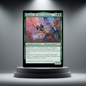 May include: A green Magic: The Gathering trading card titled Maular, the Next Evolution. The card features a large dinosaur creature illustration, the text Rulebreaker, and a power and toughness rating of 10/10 on a standard rectangular card.