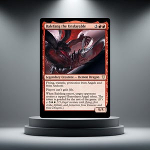 May include: A Magic: The Gathering trading card titled Balefang the Unslayable, featuring a red border and a dark illustration of a demon dragon. The card text details its abilities as a legendary creature, including flying, trample, and protection.