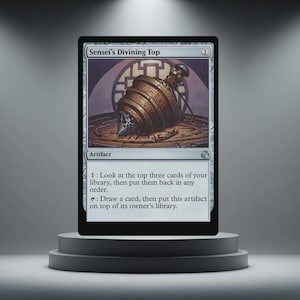 May include: A Magic: The Gathering card, "Sensei's Divining Top," displayed on a pedestal. The card features a detailed illustration of a spinning top with intricate designs. The card's text is visible, describing its function as an artifact.