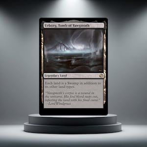 May include: A rectangular Magic: The Gathering trading card titled Urborg, Tomb of Yawgmoth. The card features a dark, atmospheric landscape illustration, the text Legendary Land, and the rules text Each land is a Swamp in addition to its other land types.