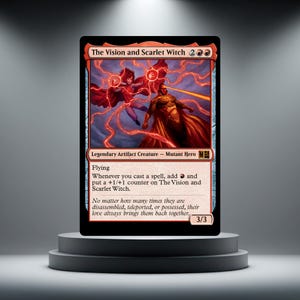 May include: A collectible trading card titled The Vision and Scarlet Witch, featuring a red-toned illustration of two figures surrounded by energy bolts. The card text includes Flying, ability details, and flavour text, with a 3/3 power and toughness.